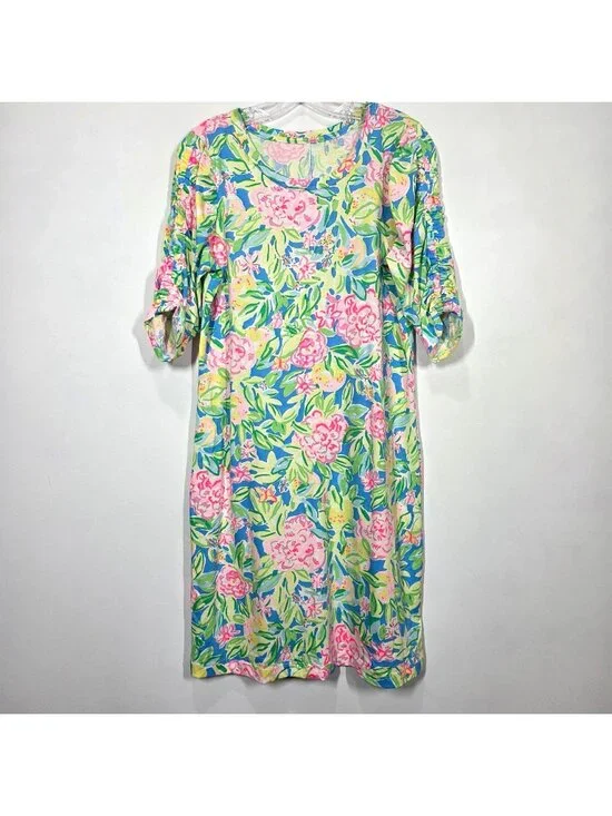 Lilly Pulitzer Dress Large Belden Elbow Sleeve Grove Garden Beachy Tropical - Picture 2 of 11